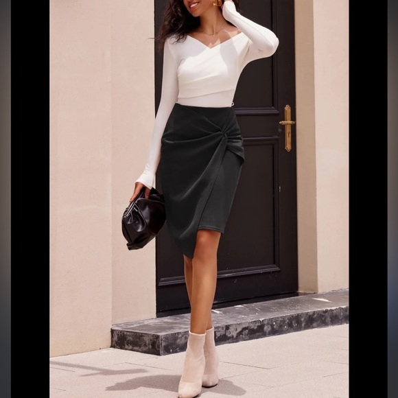 KATE KASIN Black Twist Front Knee Length Lined Asymmetric Skirt Size M. ((B5)) - Picture 1 of 9